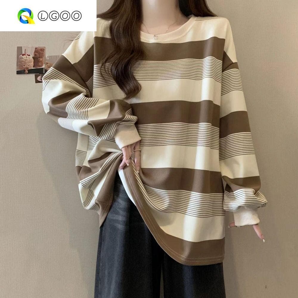 Camiseta LGOO De Manga Comprida , Blusa Listrada Retrô Plus Size , Moletons Soltos E Elegantes Para Mulheres Primavera