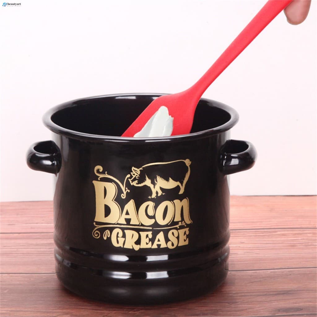 Recipiente De Graxa De Bacon Esmaltado Com Filtro De Malha Fina E Espátula De Silicone Para Óleo De Cozinha Banha Coco F