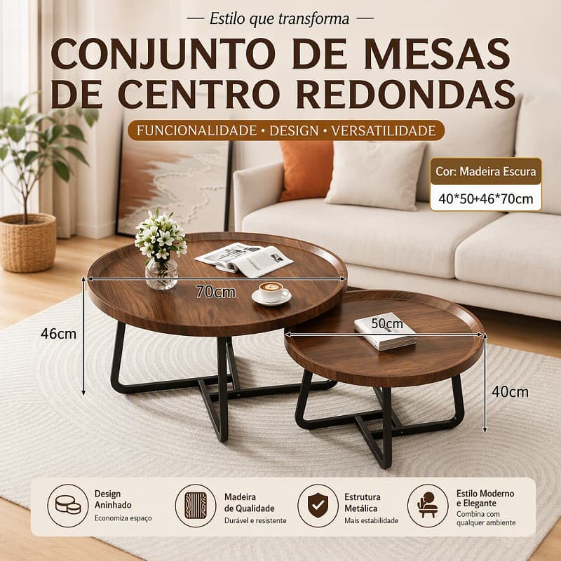 Mesa Redonda Conjunto 2 Peças, Mesinha Lateral Aninhável Alta Capacidade de Carga, Madeira Nogueira para Sala‑de‑Estar