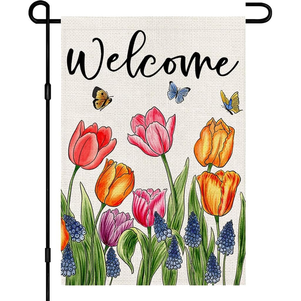 Bandeiras de Jardim Tulipa Lavanda 12x18 Polegadas, Dupla Face em Juta, Placa de Boas-Vindas com Flores de Primavera, De