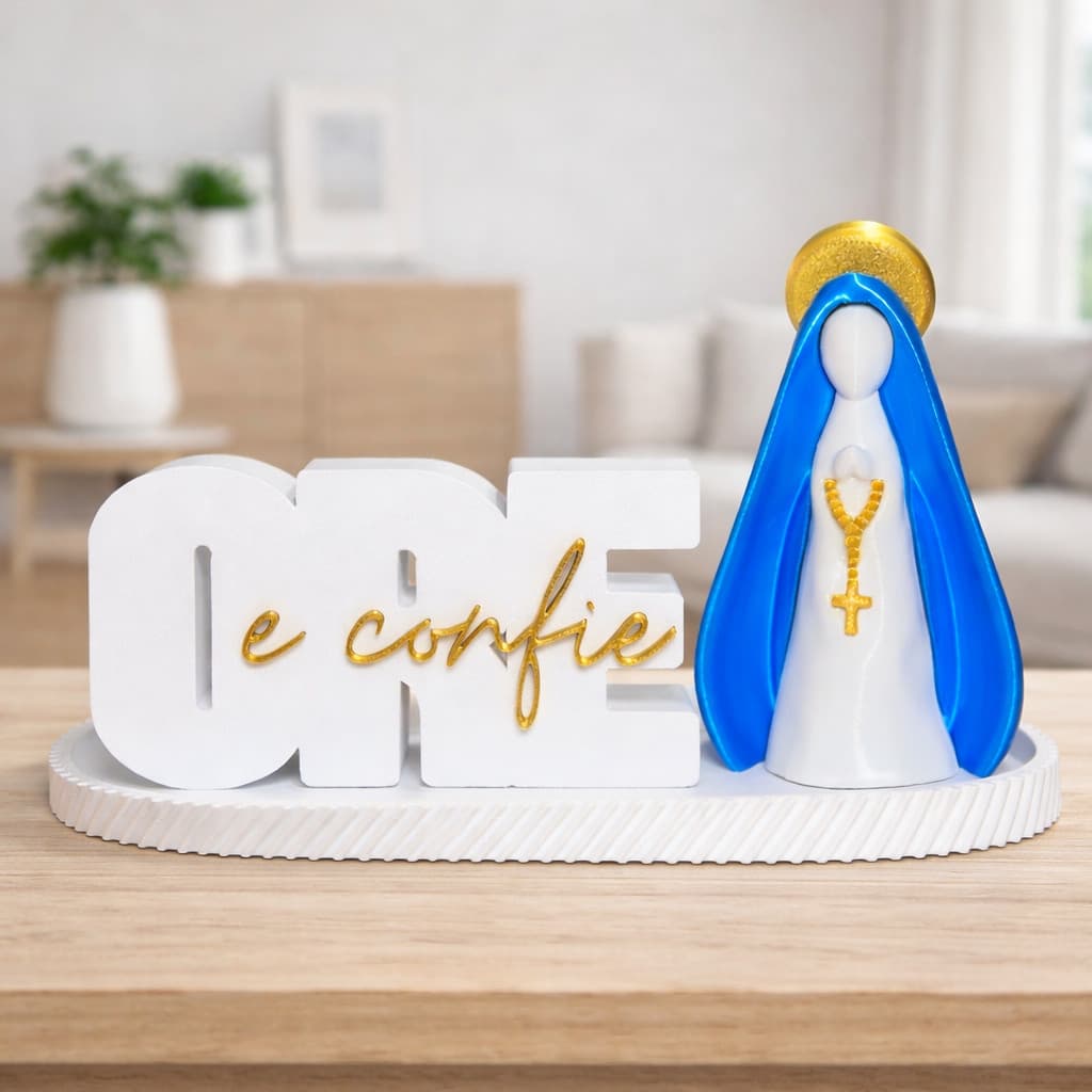 Kit Decorativo ORE e Confie + Nossa Senhora com Bandeja | Decoração Religiosa Fé Lar
