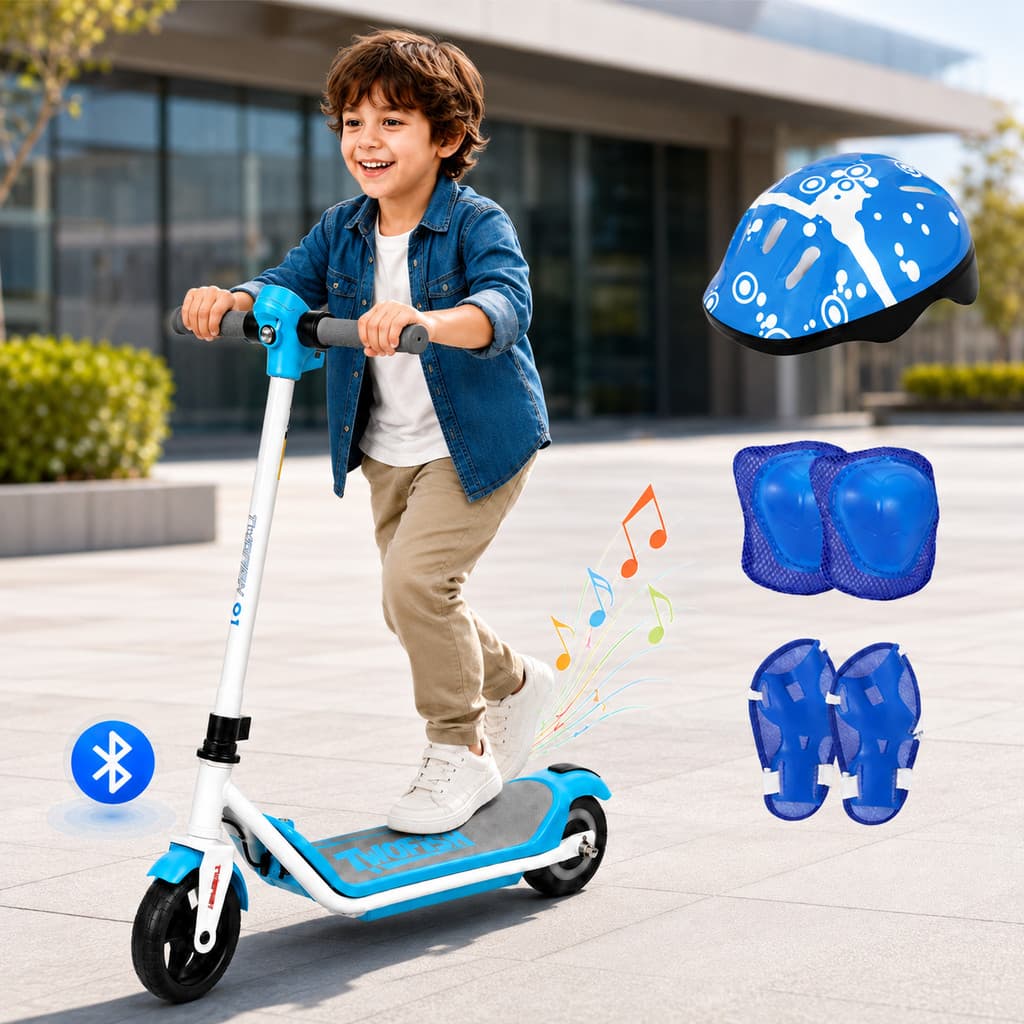 Patinete Motorizado Infantil 2 Rodas Motor 110W Bateria 24V 2,5Ah Alcance 5-8km Música Bluetooth Freio Eletrônico Azul