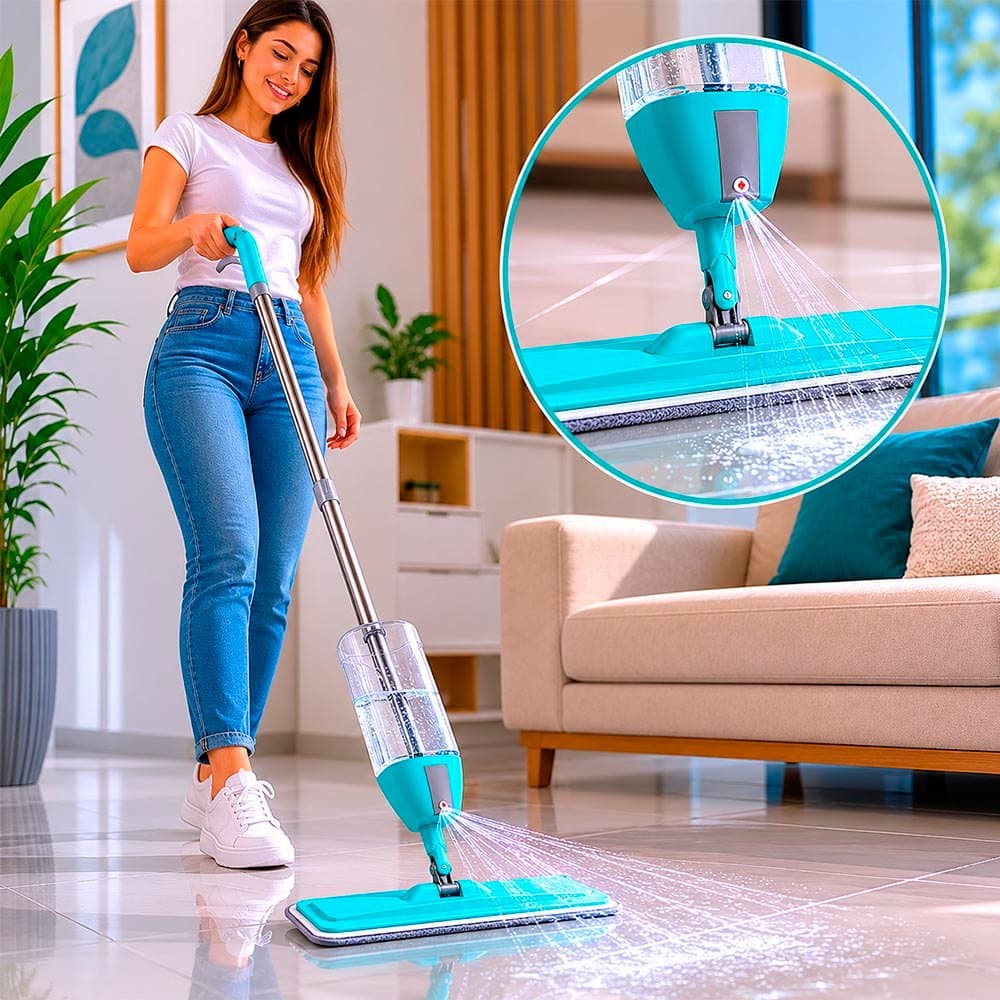 Mop Spray com 5 Refis de Microfibra Lavável, Base Flexível 360° e Reservatório 400ml