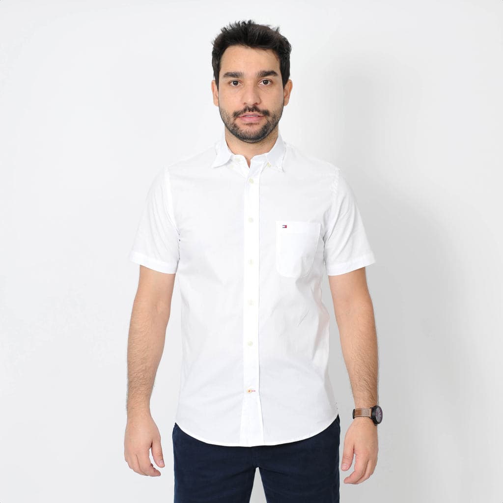 Camisa Social Tommy Hilfiger Oxford Manga Curta Branco - Masculino