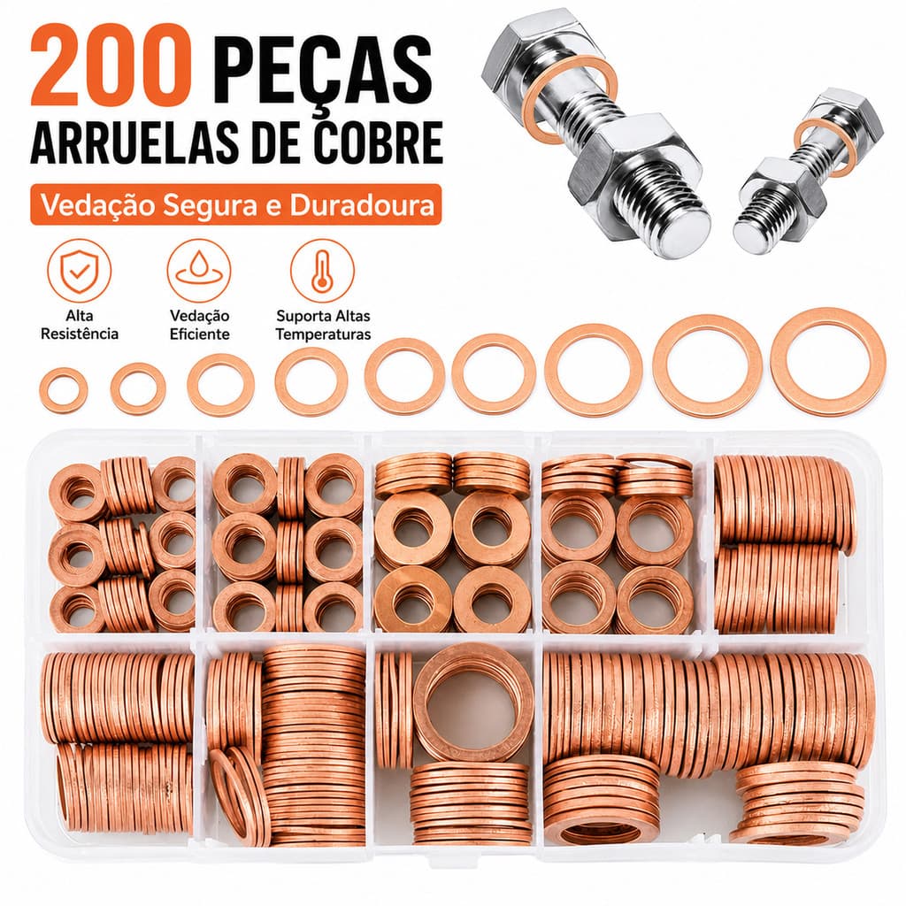 200 Peças Arruela Cobre Vedação Anel Plano Sortido Para Reparo Automóveis Moto Caminhão Resistente Profissional