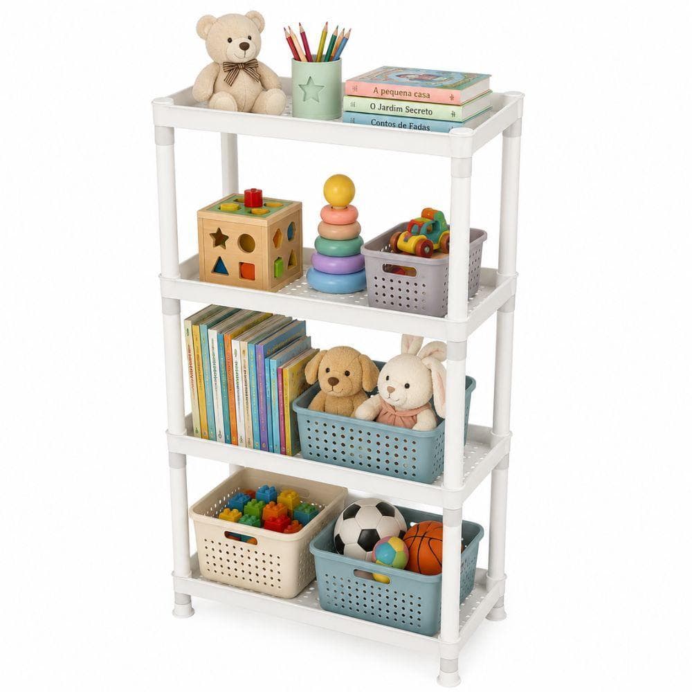 ORGANIZADOR MULTIUSO INFANTIL CINZA ESTANTE 4 PRATELEIRAS NICHO  PLASTICA PARA QUARTO LAVANDERIA BRINQUEDOS LIVROS