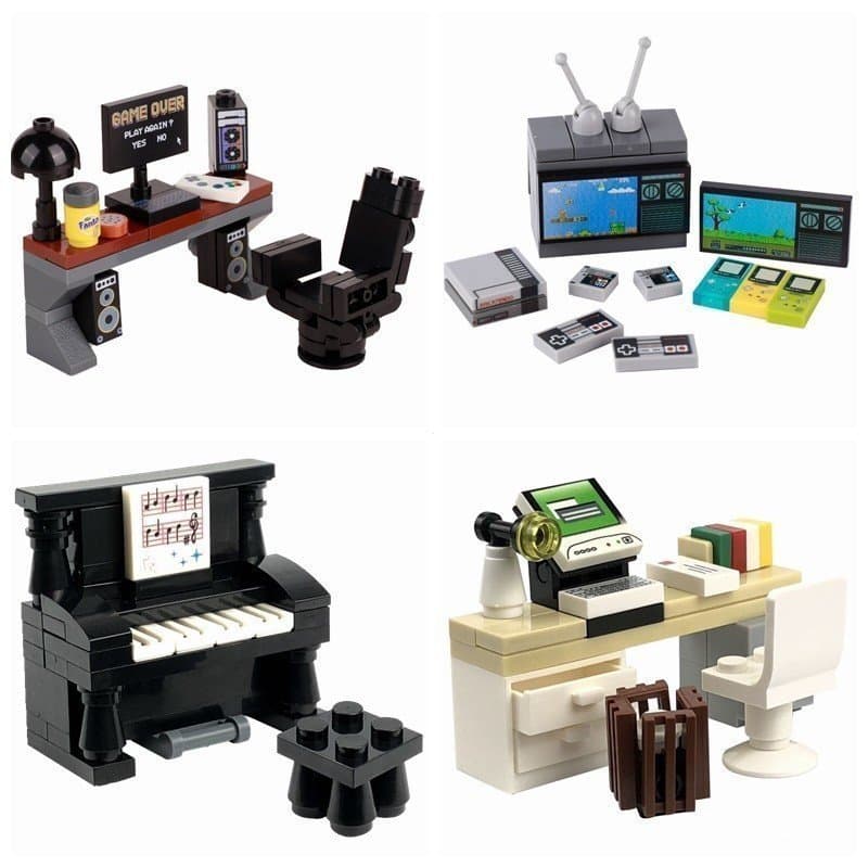 Conjunto de Blocos de Montar Lego City MOC: Mesa, Móveis, Computador, Piano, Brinquedos para Crianças, Montagem de Peças