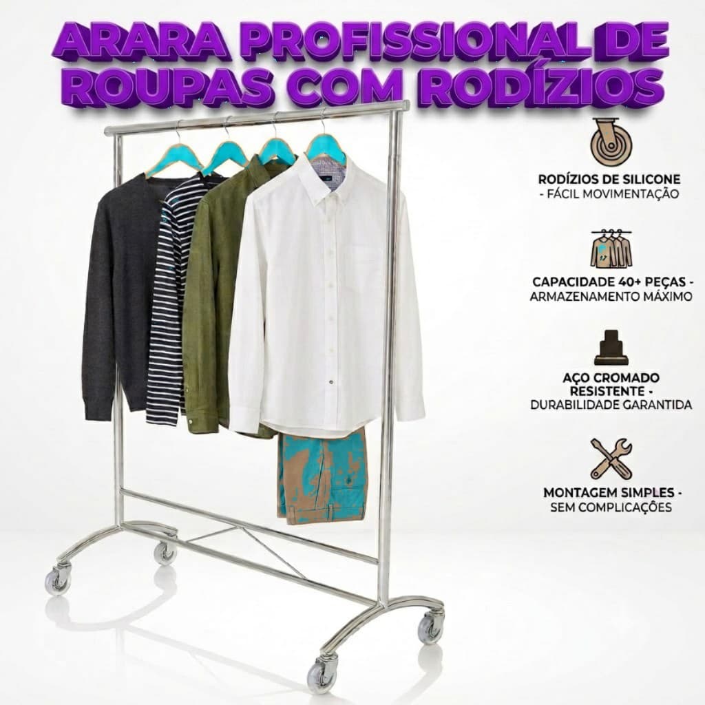 Arara de Roupas 1,20m Aço Reforçado Cabideiro de Chão Expositor com Rodízio de Silicone