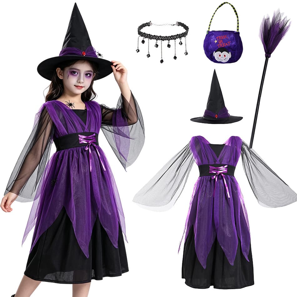 Traje De Bruxa De Halloween Infantil Roxo Escuro Vestido De Manga Comprida Roupas De Performance De Palco