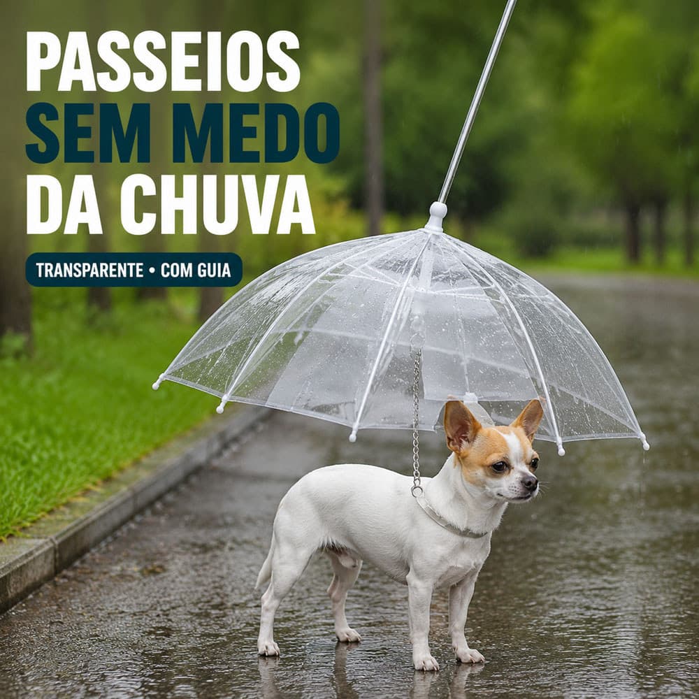 Guarda-Chuva Pet Invertido Transparente com Guia para Cachorros e Gatos – Passeio na Chuva