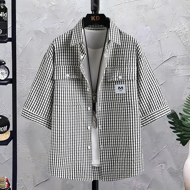 Camisa xadrez de manga de cinco pontos masculina verão coreano Casual fino topo 2025 novo estilo All-match camisa juveni
