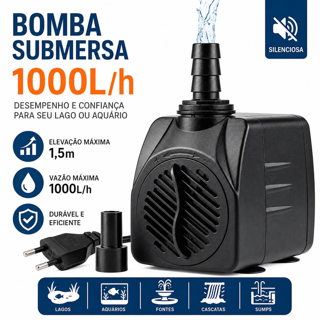 Bomba Submersa 1000Lh Elevação 1,5M Lago Aquário Peixes Fonte Cascata Chafariz Sump Silenciosa Bomba D'água