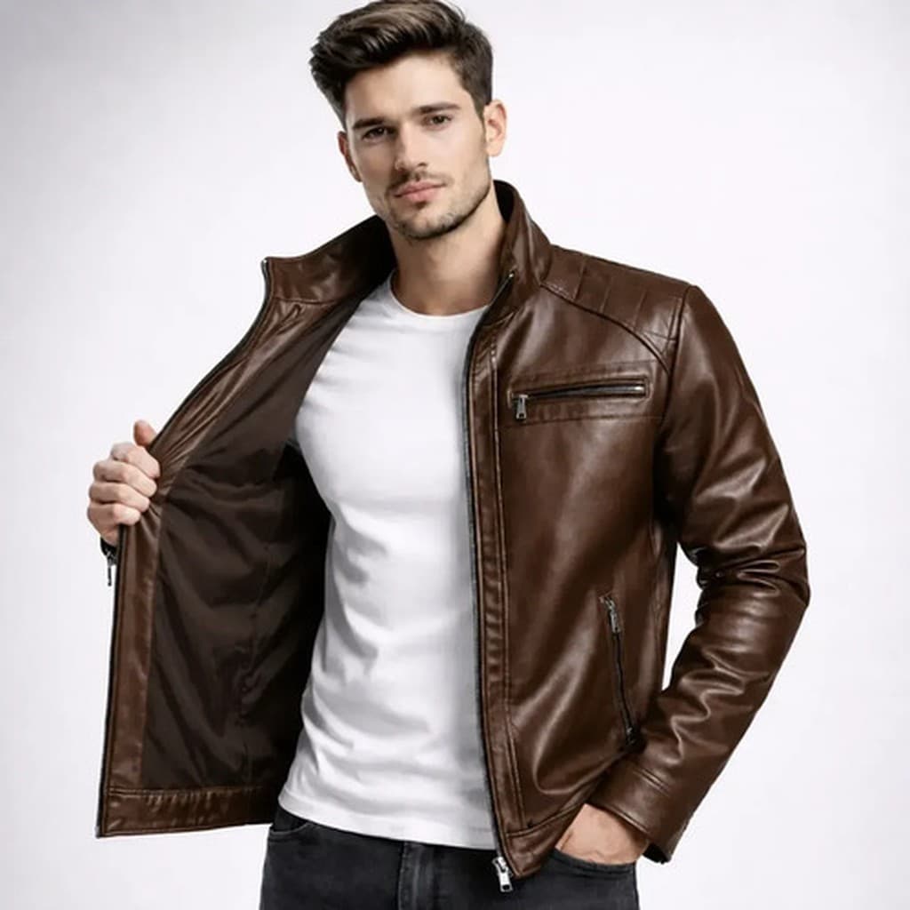 Jaqueta Couro Masculino Impermeável Krayani Coffee GG Casaco Blusa Frio Inverno Outono Poliéster