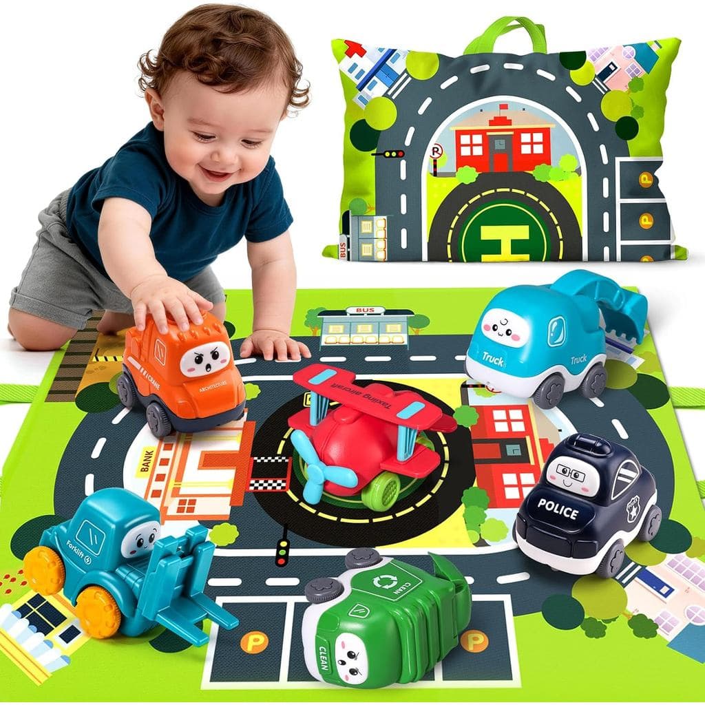 Conjunto de 6 Caminhões de Brinquedo com Tapete de Jogo |   Com bolsa de armazenamento, plástico ABS, sem peças pequenas