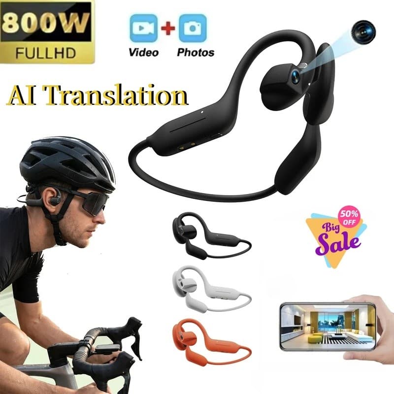 AI Fones De Ouvido Câmera 8MP HD Gravação Inteligente Tradução Orelha Pendurado Condução Ar Bluetooth Ciclismo Ao Livre