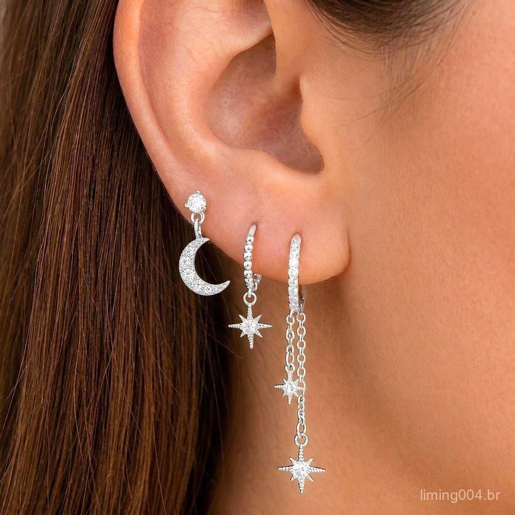 Kit 3 pares brincos femininos requintados com design de estrela e lua, cravejados com zircônias cúbicas banhado a prata
