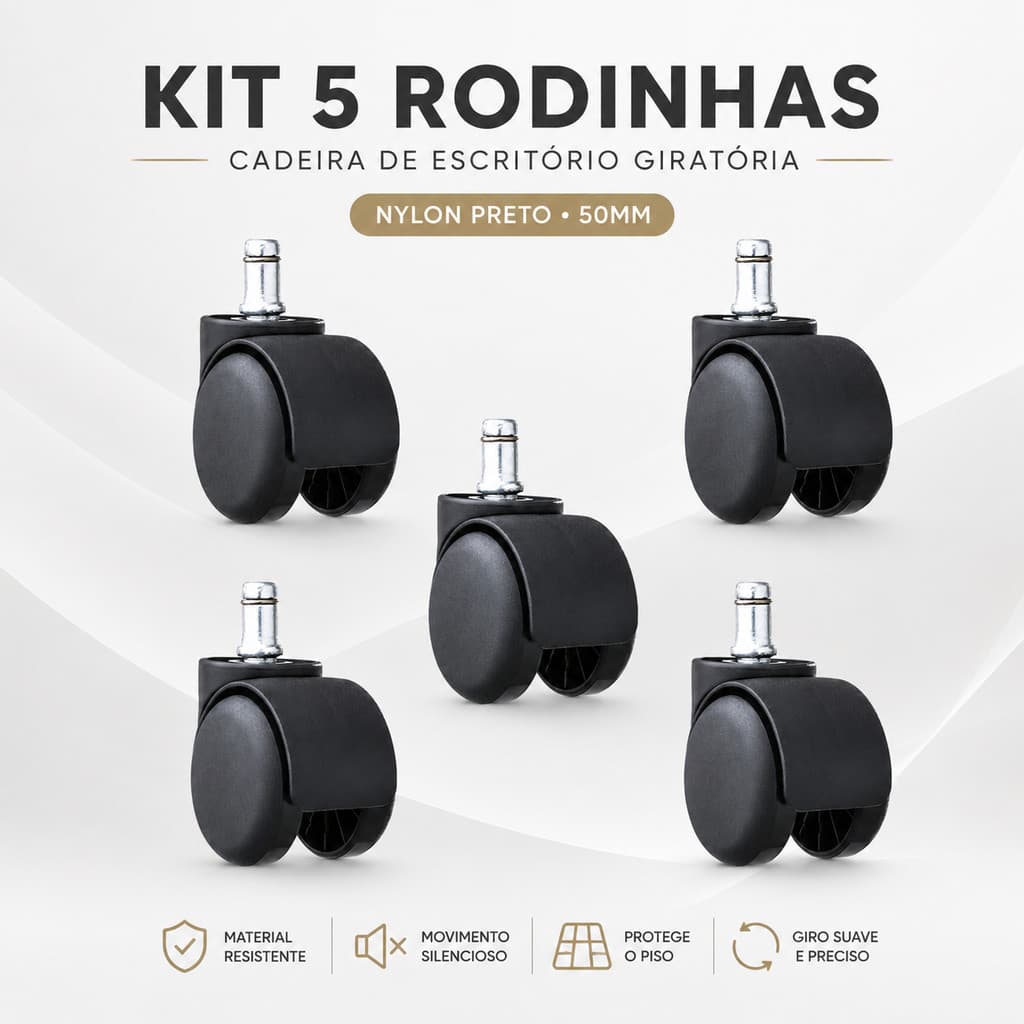 Kit 5 Rodinhas Rodízios Para Cadeira Escritório Gamer Giratória Nylon 50mm Preto