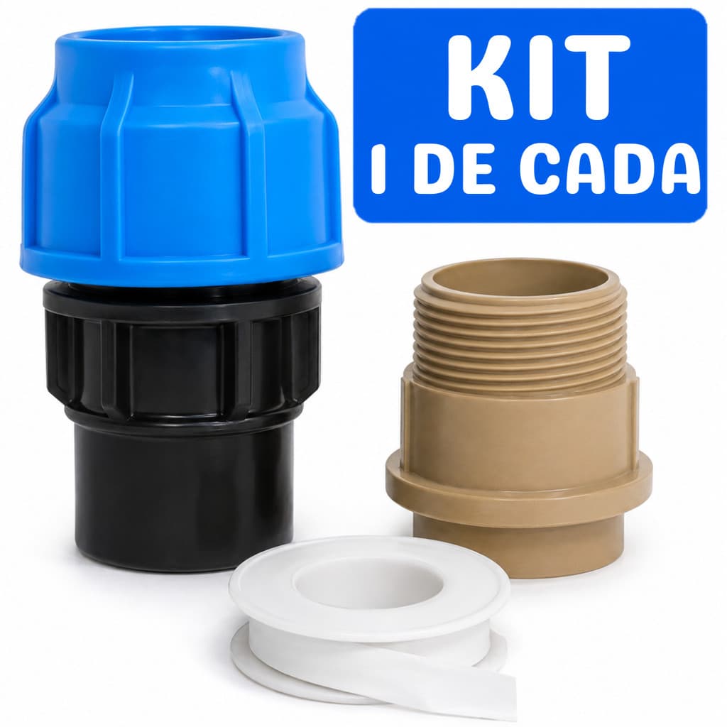 Kit 2 Adaptador PEAD Compressão Rosca Femea 63x2 +  2 Adaptador Soldável Curto 60x2 + Veda Rosca Converte Mangueira PEAD