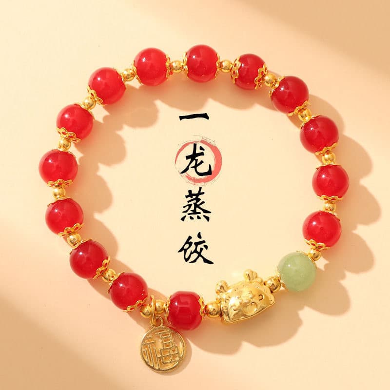 Nova Pulseira Estilo Chinês com Dragão, Pulseira do Ano do Zodíaco, Pulseira de Imitação de Ágata Vermelha, Design Simpl