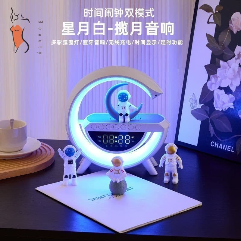 Candeeiro De Mesa Com Alto-Falante Bluetooth De Carregamento Sem Fio-Despertador Luz Noturna