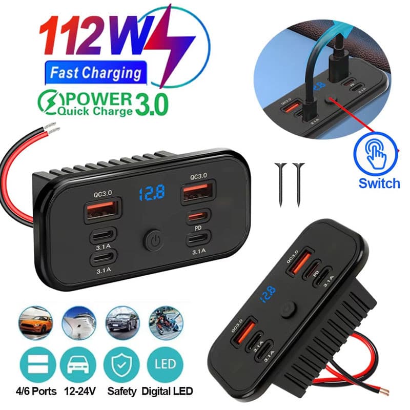 112W 4/6 Portas PD3.0 E QC3.0 Tomada De Carregamento Rápido 12V-24V Adaptador De Alimentação Para Carregador De Carro Co