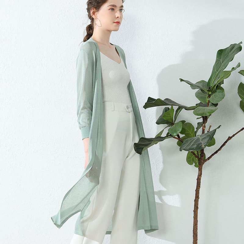 2025 verão feminino linho novo topo de seda gelo jaqueta fina de malha Cardigan feminino de comprimento médio ar condici