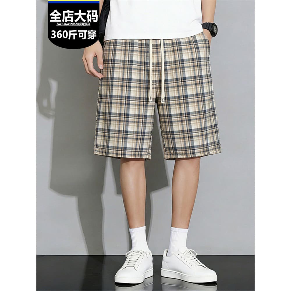 Além de gordura plus Size cara gordo cintura elástica xadrez Shorts masculino verão solto All-Match Casual em linha reta