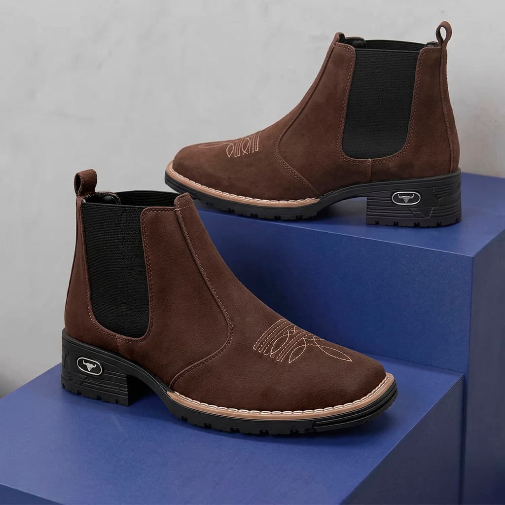 Bota Botina Masculina Country Texana Camurça Sintética Bordada Cano Curto Solado Borracha