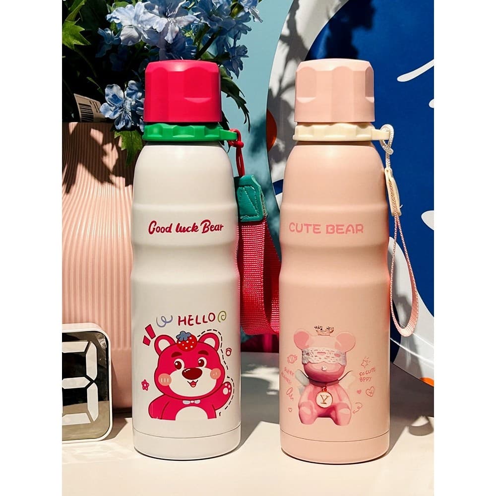 P POLAR Estudante Esportes Copo de Água 316 Aço Moda Alça Portátil Escola Viagem Homens Mulheres Desenhos Animados 600ML