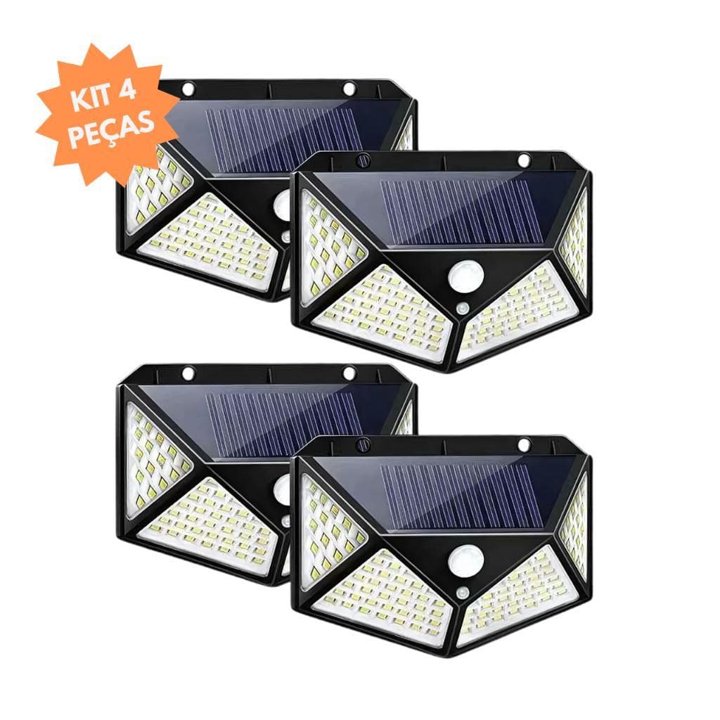 Kit 4 Arandela Solar 100 Leds Sensor Presença 3 Modos Prova Dagua Parede Externa Jardim Garagem Quintal Iluminação Solar