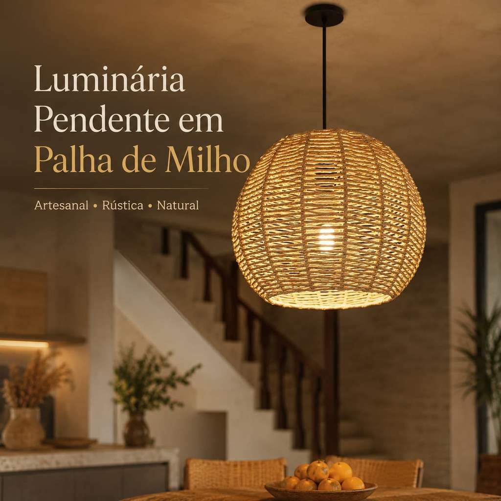 Luminária Pendente de Palha de Milho Rústica Bola P 25x20cm Sala Cozinha Varanda Área Gourmet