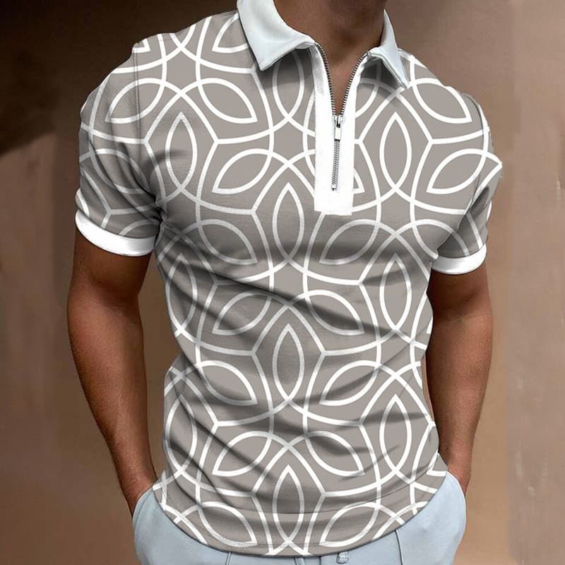 Camisa POLO masculina de manga curta com lapela e zíper masculina estampada esportiva