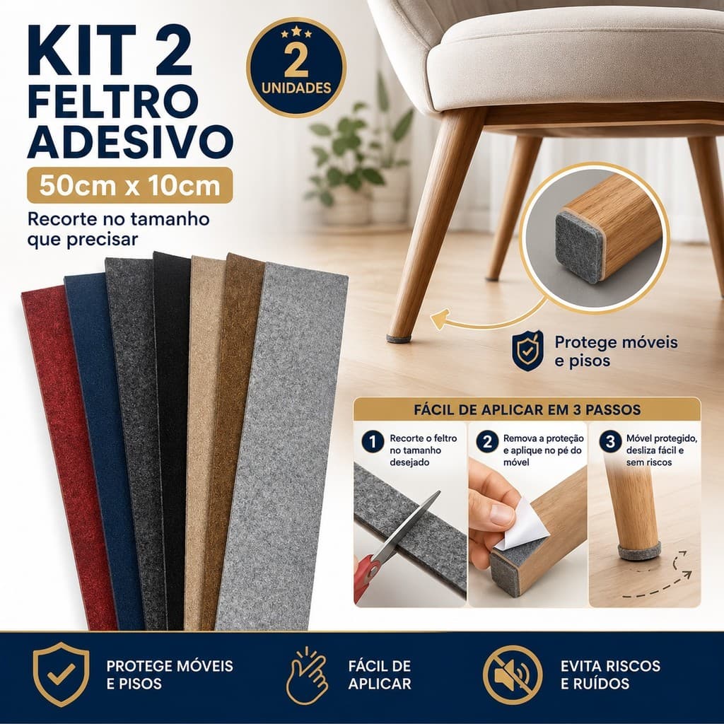 Kit 2 Feltros Adesivo Recortável Protetor Piso Pé Cadeira Pé Mesa Para Não Riscar Piso 50cm X 10cm
