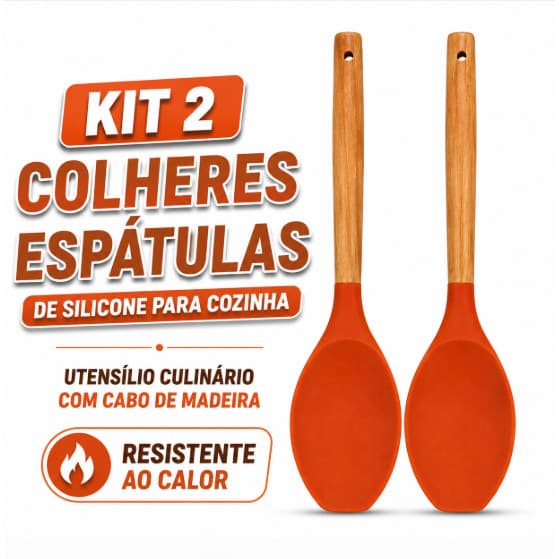 Kit 2 Colheres Espátulas Silicone Cabo Madeira. Antiaderente