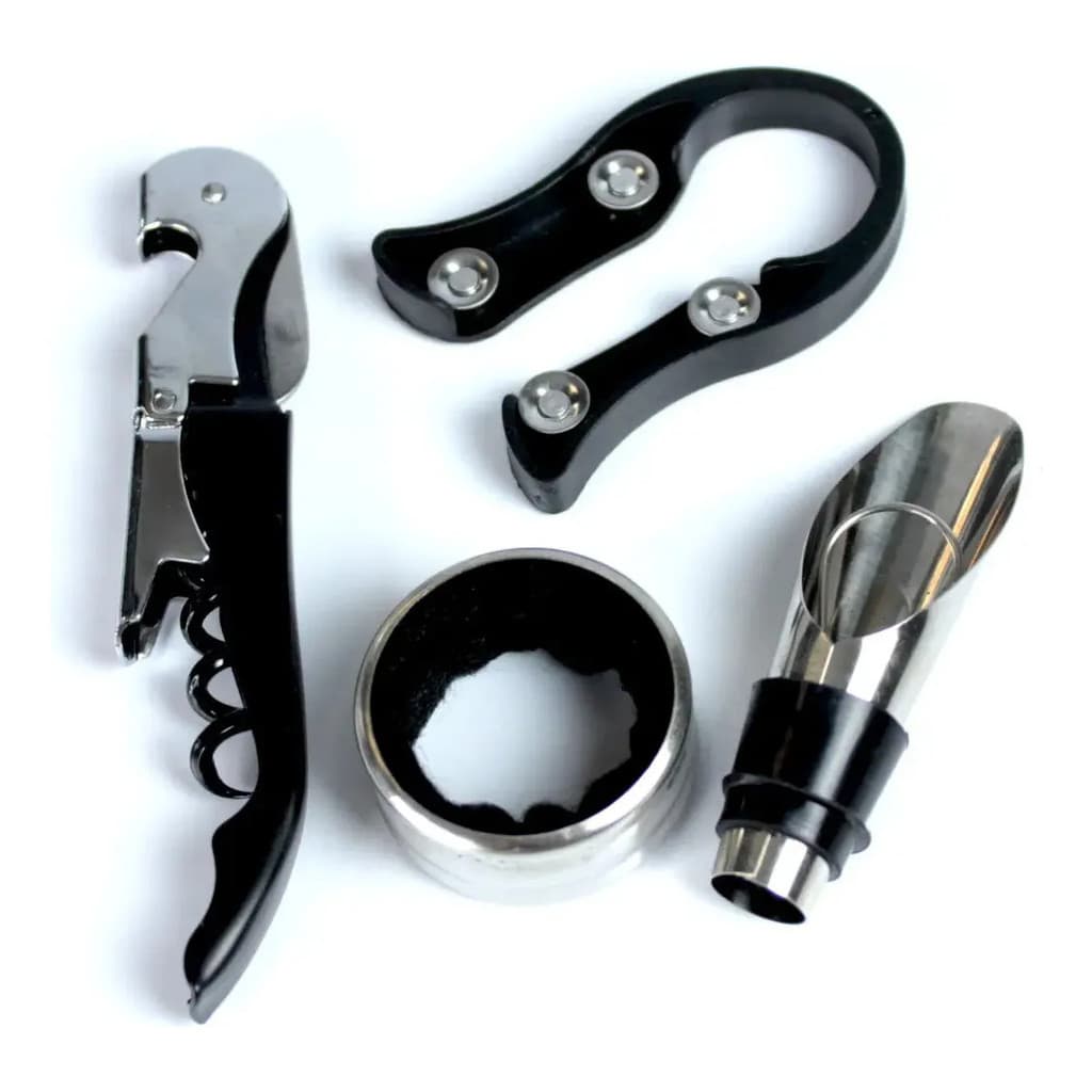 Kit 4 Peças Abridor Saca Rolha Acessórios Tampa Anel Corta Lacre Kit Sommelier Presente Adega Bar Cozinha Bebidas