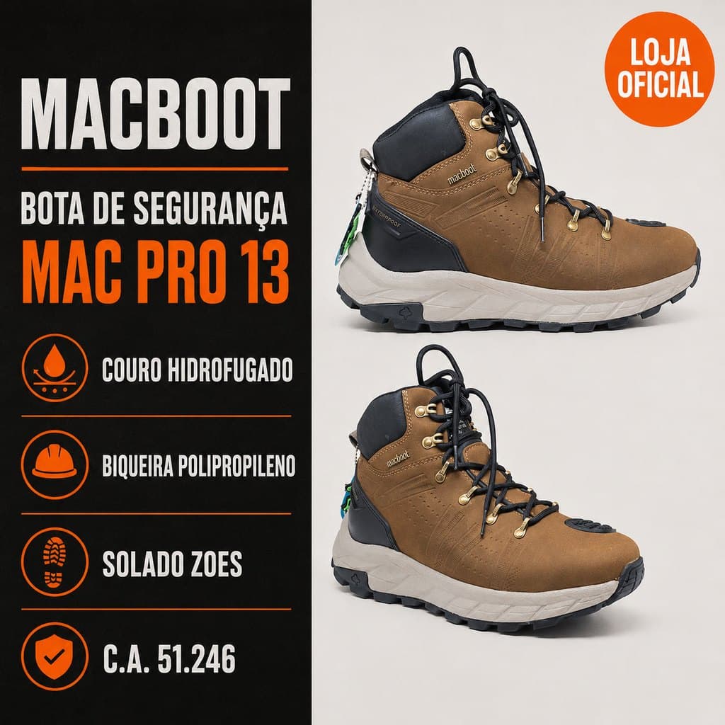 Bota Unissex de Segurança Cano Alto Macboot Mac Pro 13 Couro Trilha Trabalho Resistente Confortável