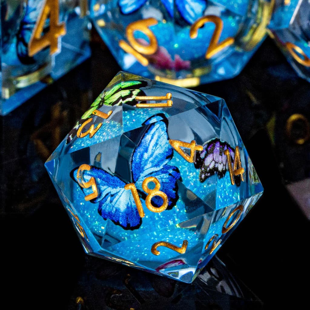 Conjunto de Dados DND com Núcleo Líquido Borboleta, Dados Poliédricos Artesanais de Resina Afiada para RPG e Jogos de RP