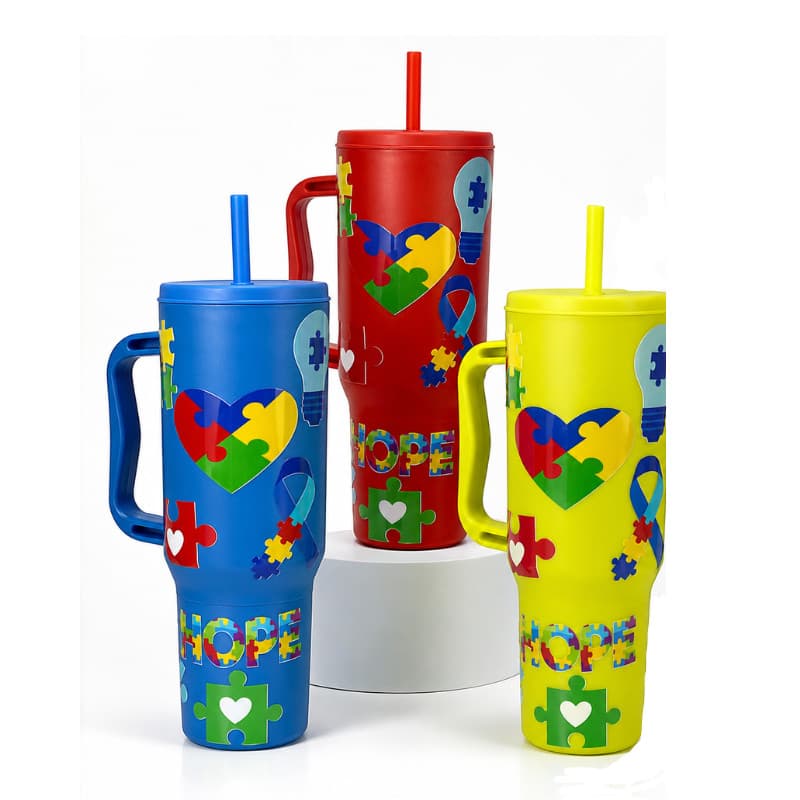 Copo Autismo 1200ml com Canudo e Alça – Policarbonato Resistente | Símbolo Esperança e Inclusão