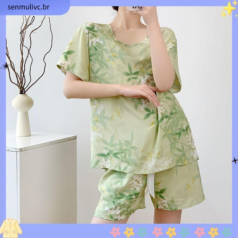 2026 novo estilo algodão seda pijamas feminino verão fino Shorts de manga curta em torno do pescoço impresso Rayon Loung