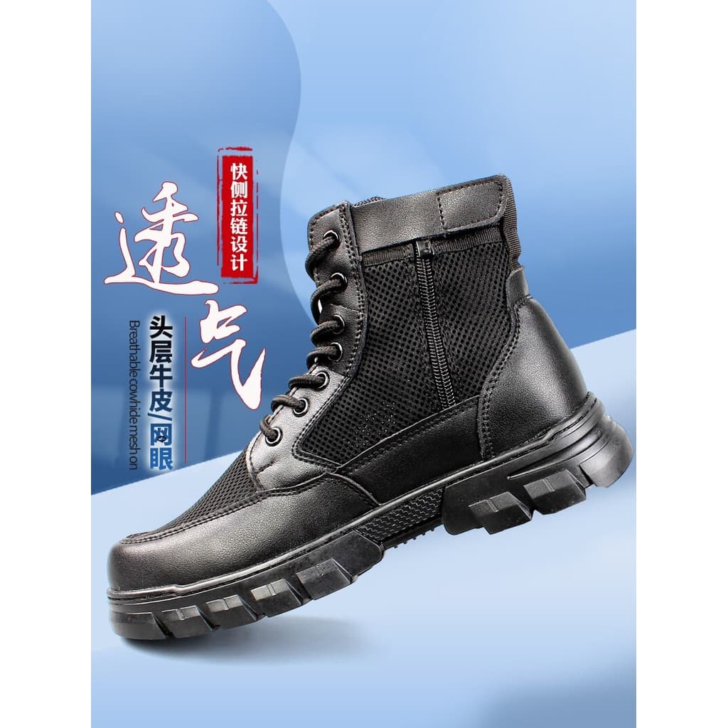 Sapatos de segurança de verão masculinos leves botas de combate de malha de cano médio couro genuíno botas de treinament
