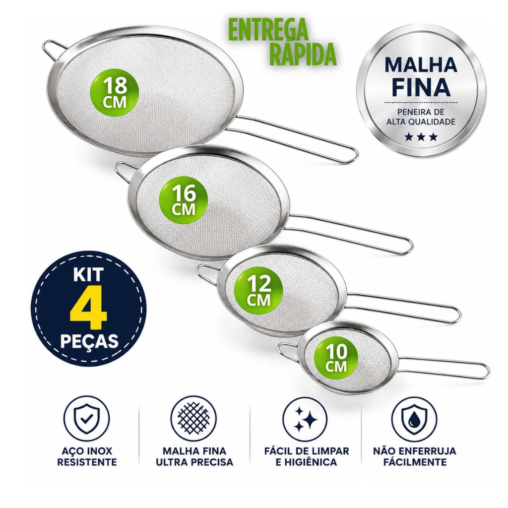 Kit 4 Peneiras Coador Inox Cozinha 10/12/16/18cm Suco Farinha Papinha Bebe Confeitaria