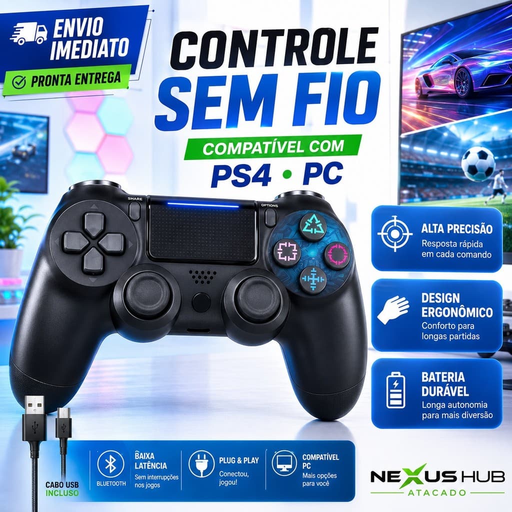 KIT4 Presente Namorado Controle PS4 Bluetooth Preto | Vibração Touchpad Recarregável | Compatível PC Smart TV STEAM
