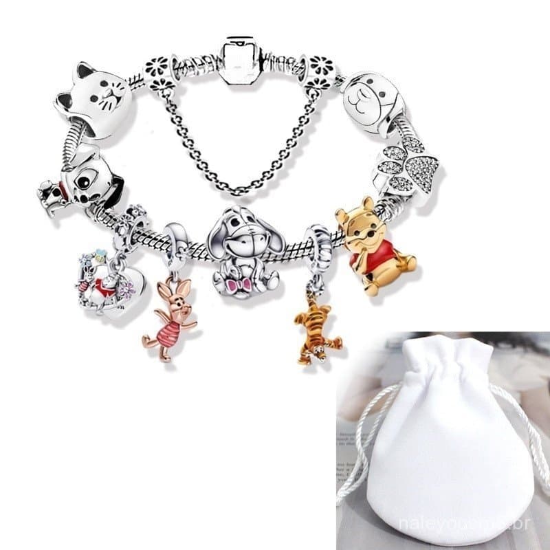 Pulseira com Pingente do Winnie the Pooh, Amuleto de Animal do Winnie the Pooh, Prata 925