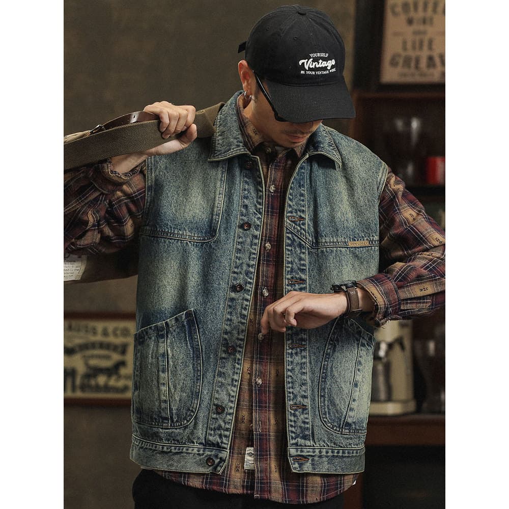 Primavera outono novo estilo Denim colete masculino americano Retro nostálgico solto colete ferramentas colete masculino
