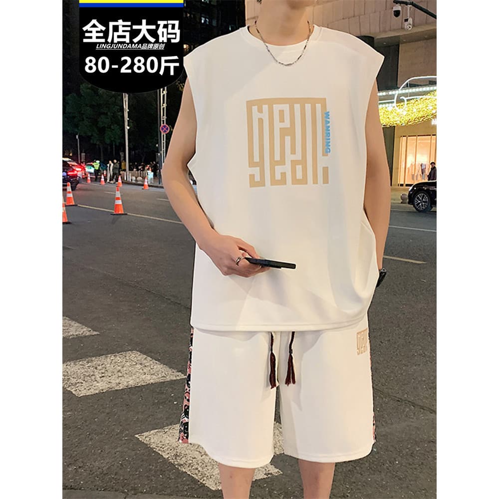 Além de gordura plus Size masculino juventude gordo verão colete Shorts de manga curta terno Casual esportes impresso te