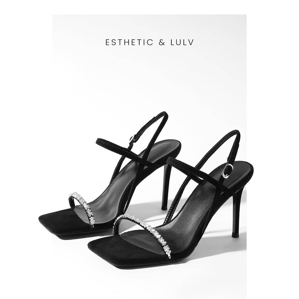 Preto salto alto feminino verão novo estilo strass uma palavra cinta dedo do pé aberto dedo do pé quadrado sandálias Sti