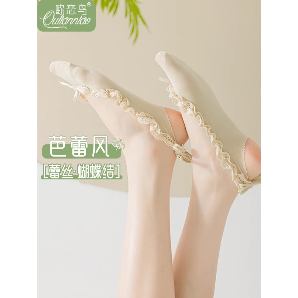 Estilo de balé meias femininas verão Ped meias estilo fino suor-absorvente sola rendas rendas pequenos sapatos de couro