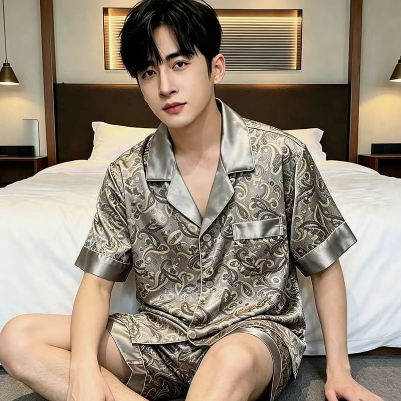 [Novo produto] Pijamas masculinos verão seda gelo Shorts de manga curta fino masculino simulação seda Casual meia-idade