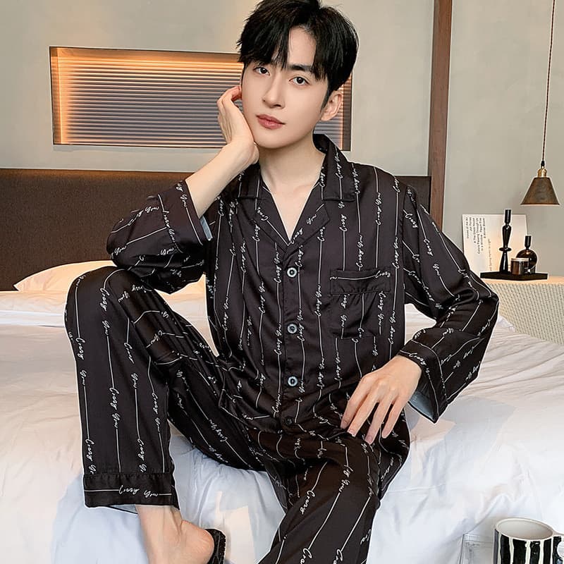 [Novo produto] cetim Chiffon pijamas de seda gelo masculino primavera outono manga comprida Casual Loungewear masculino