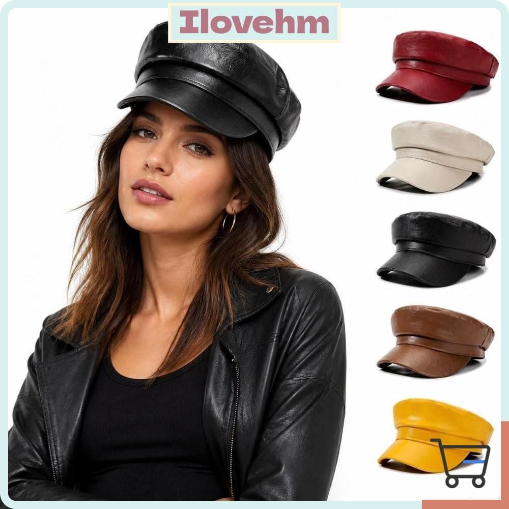 Boné LUCKY-ILOVEHM Newsboy , Chapéu De Cano Plano Ajustável De Cor Sólida , Pontiagudo De Couro PU De Aba Curta Para Mul